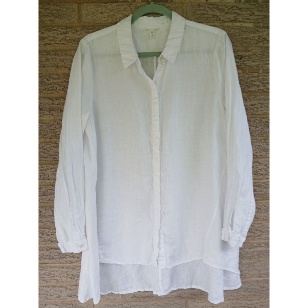Eileen Fisher Women's White 100% Organic Irish Linen Button-up Shirt Dress Sz L